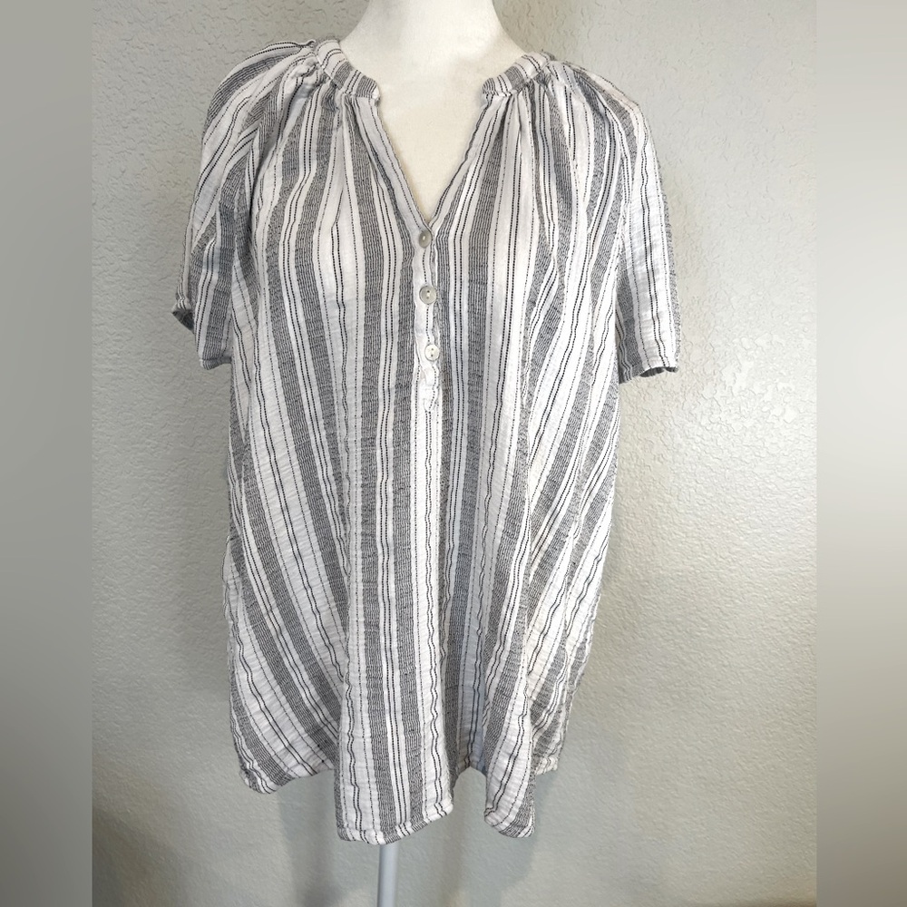 Joie Blue White Stripe Peasant Blouse Buttons Short Sleeves Size 1X (fits L/XL)